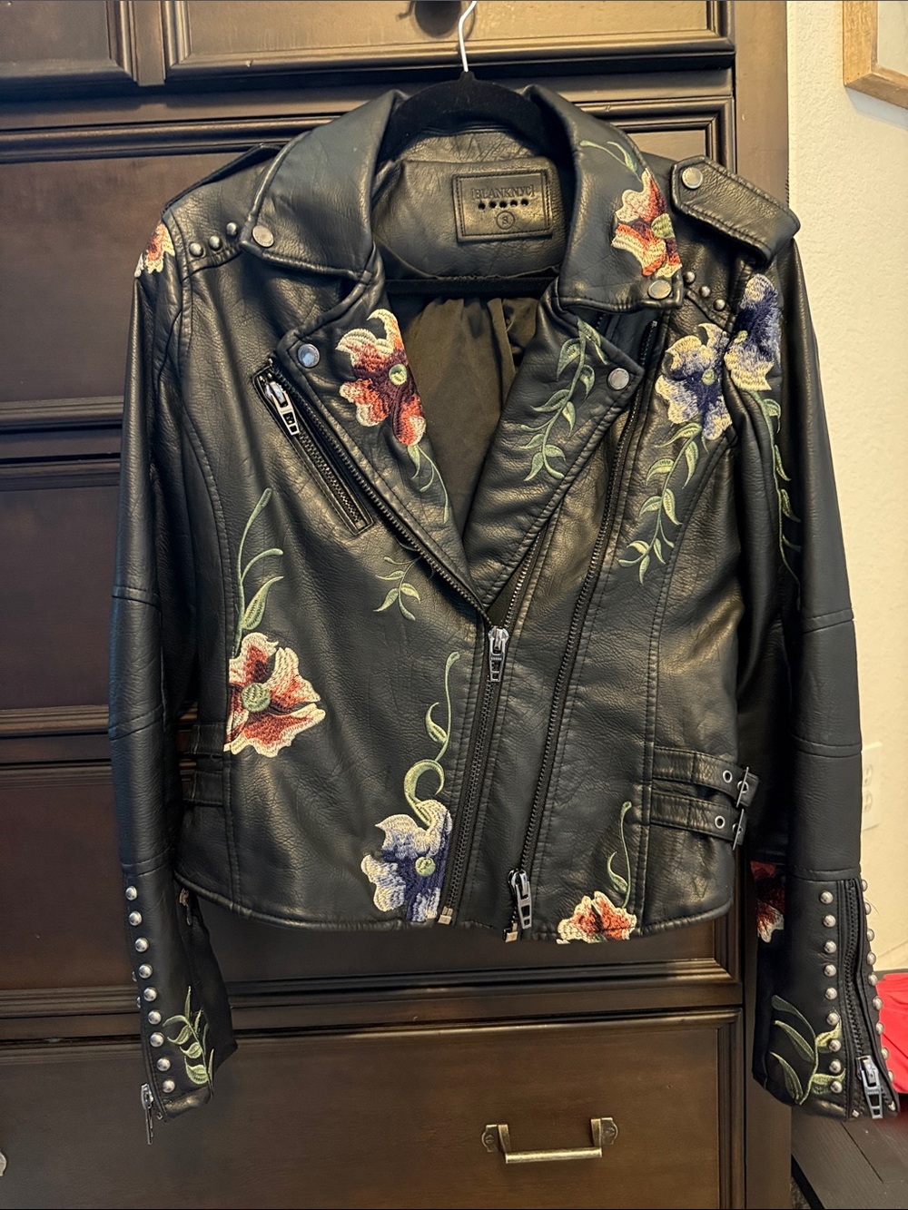 Blank NYC Black Leather Moto Jacket with Floral Embroidery